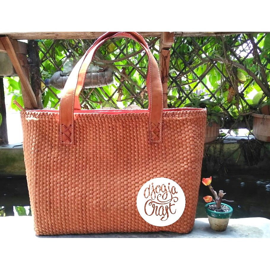 Tas Kulit Bottega Anyam Tikar - Coklat Muda