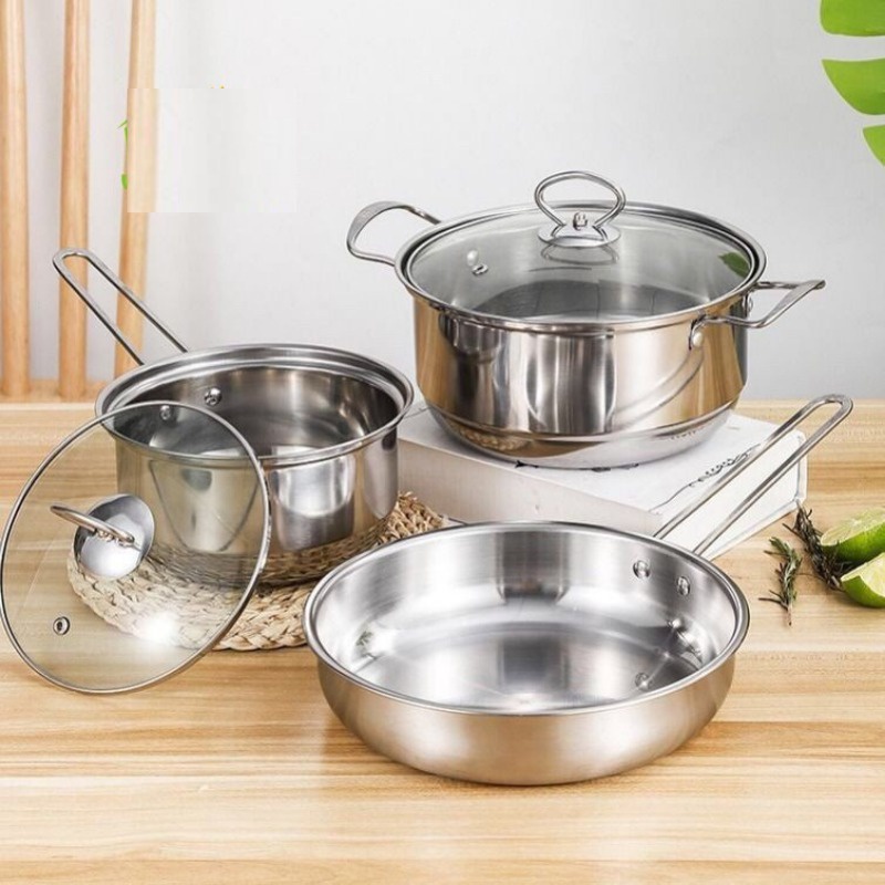 PROMO Panci Teflon Panci Masak Stainless Steel 1 Set Isi 3 Panci set tutup kaca wajan praktis-TERMURAH