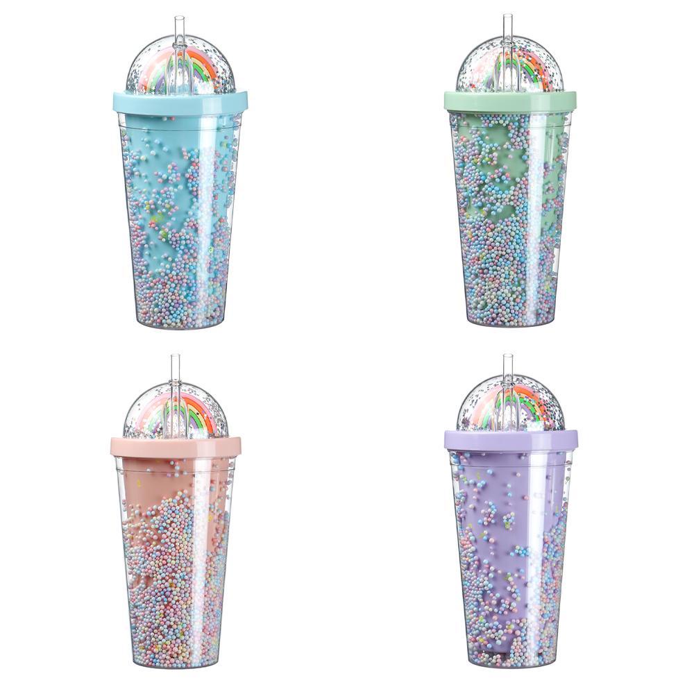 R-FLOWER Gelas Air 550ML Jus Kopi Manik Warna Warni Plastik Sippy Cup Rainbow