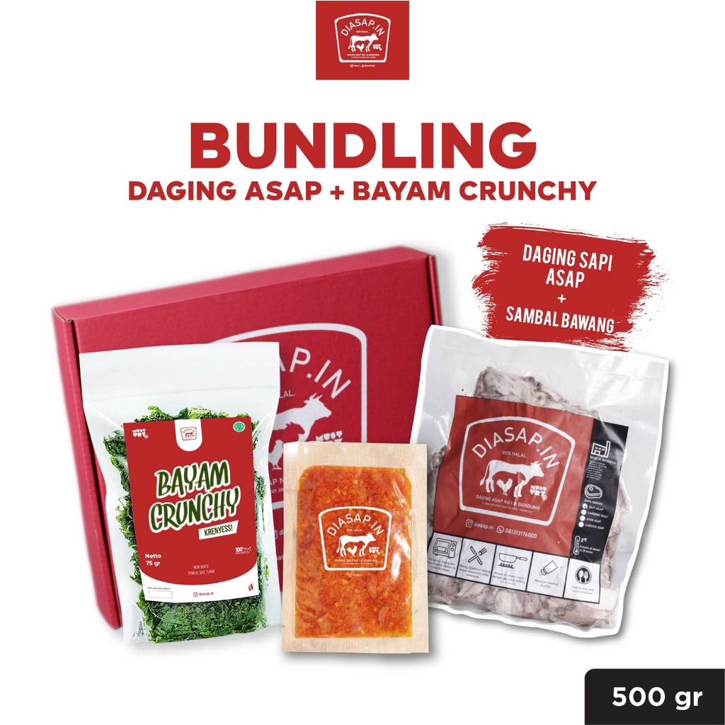 bundle sei sapi   daging sapi asap   keripik bayam crunchy   sambal bawang diasapin
