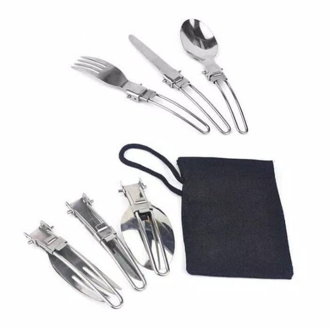 Spoon Set Sendok Gapu Lipat Stainless Steel With Pouch Alat Makan