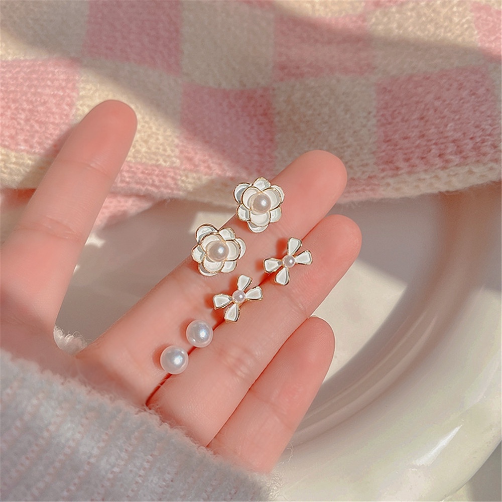 3 Pasang / set Anting stud Desain camellia Opals Bahan 925 silver Gaya Korea Untuk Wanita