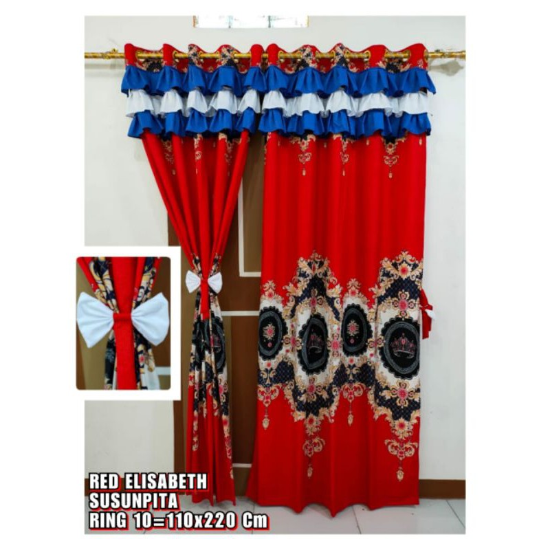 gorden smokering susun pita merah / korden ring rumbai rempel / gorden ring poni suspit