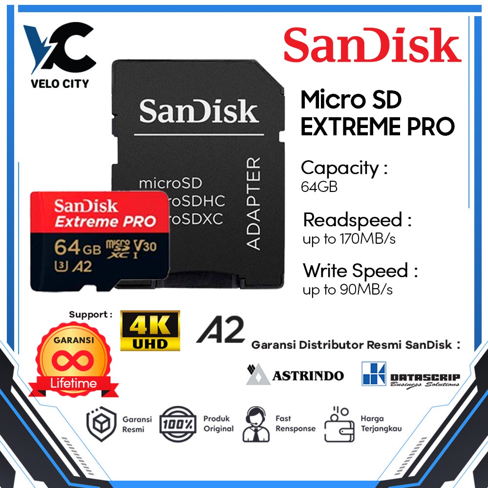 Memory Card Micro SD Sandisk 64Gb Class10 170mbps ExtremePro V2 Sandisk original Garansi Life Time