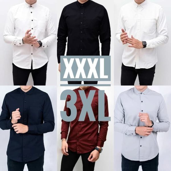 Kemeja Lengan Panjang Pria Polos Jumbo XXL XXXL Hitam Merah Maroon Dark Blue White Slimfit Casual