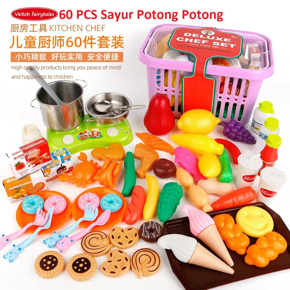 60 PCS Mainan Dapur Anak Anak Buah Sayur Daging Lauk Pauk PLUS Keranjang BESAR / Mainan Sayur Sayura