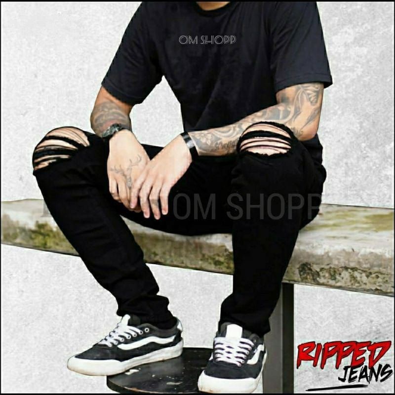 CELANA PANJANG SEMI SOFTJEANS PRIA SKINNY HITAM SOBEK LUTUT RIPPED