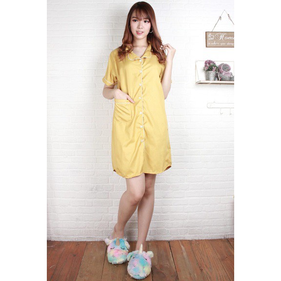 Fortglass DST Saten Sleepwear Baju Tidur Daster Wanita Dewasa Lengan Pendek Satin Embos-GOLD