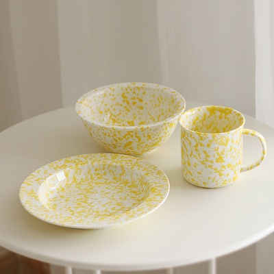Dining Set 3 Pcs Keramik Retro Kuning/ Piring Mangkuk Gelas Saji Cantik Klasik