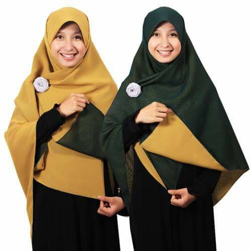 Jual Jilbab syari segi empat Bolak Balik hijau botol-kuning kunyit Diskon
