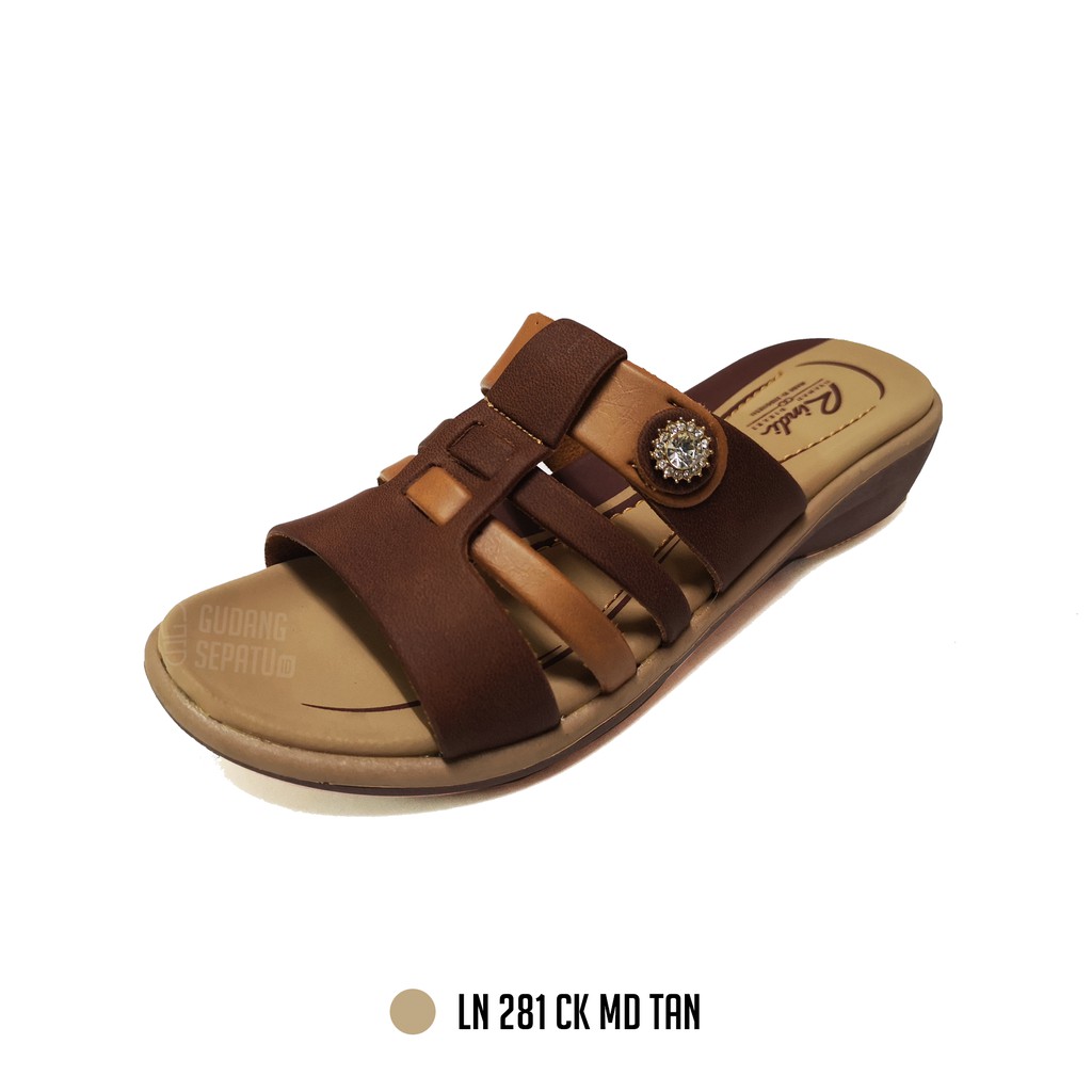 Sendal Selop Wanita | Sandal Wedges Nyaman Ringan Rindi LN 281 Cokelat Muda Tan