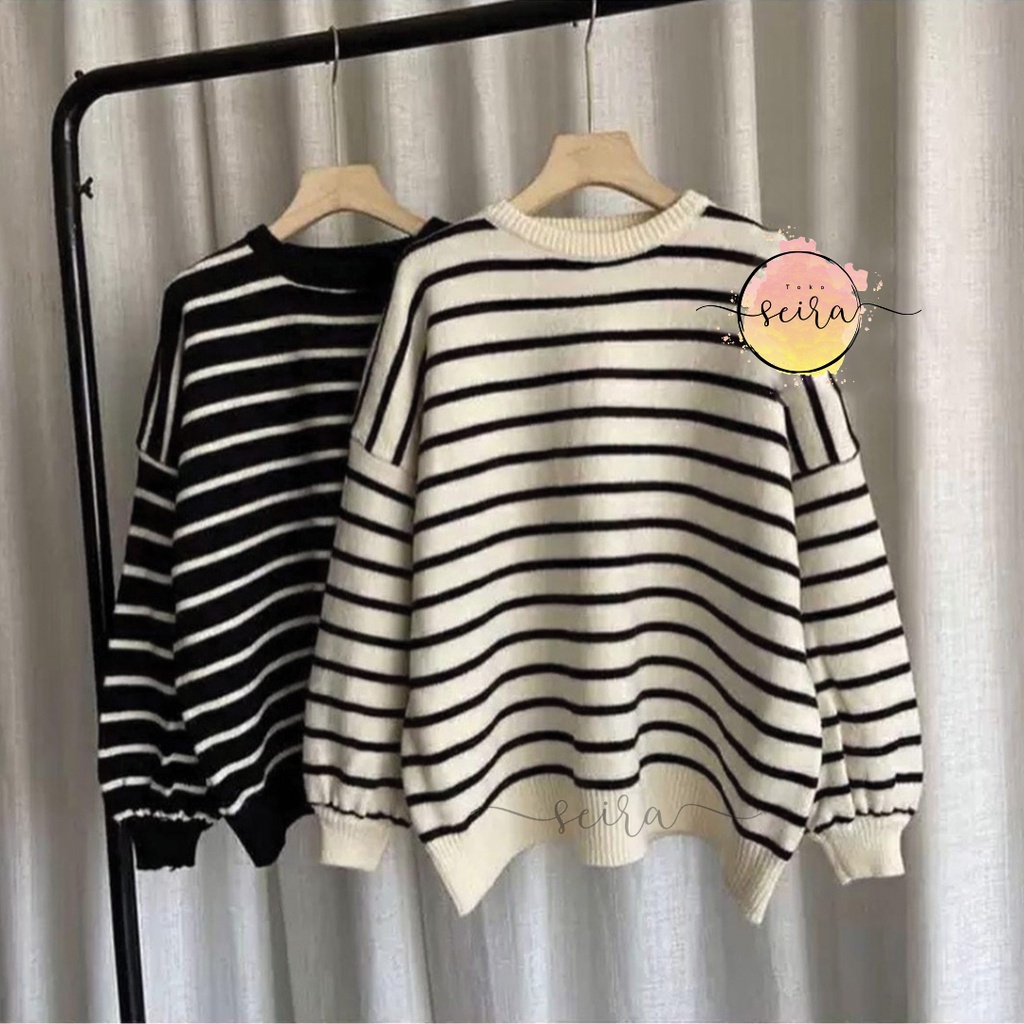 [BISA COD] Bayoneta Strip Knit / Atasan Rajut Lengan Balon / Switer Bayoneta Strip Knit Wanita Terbaru / Sweater Style Wanita Ootd Korea