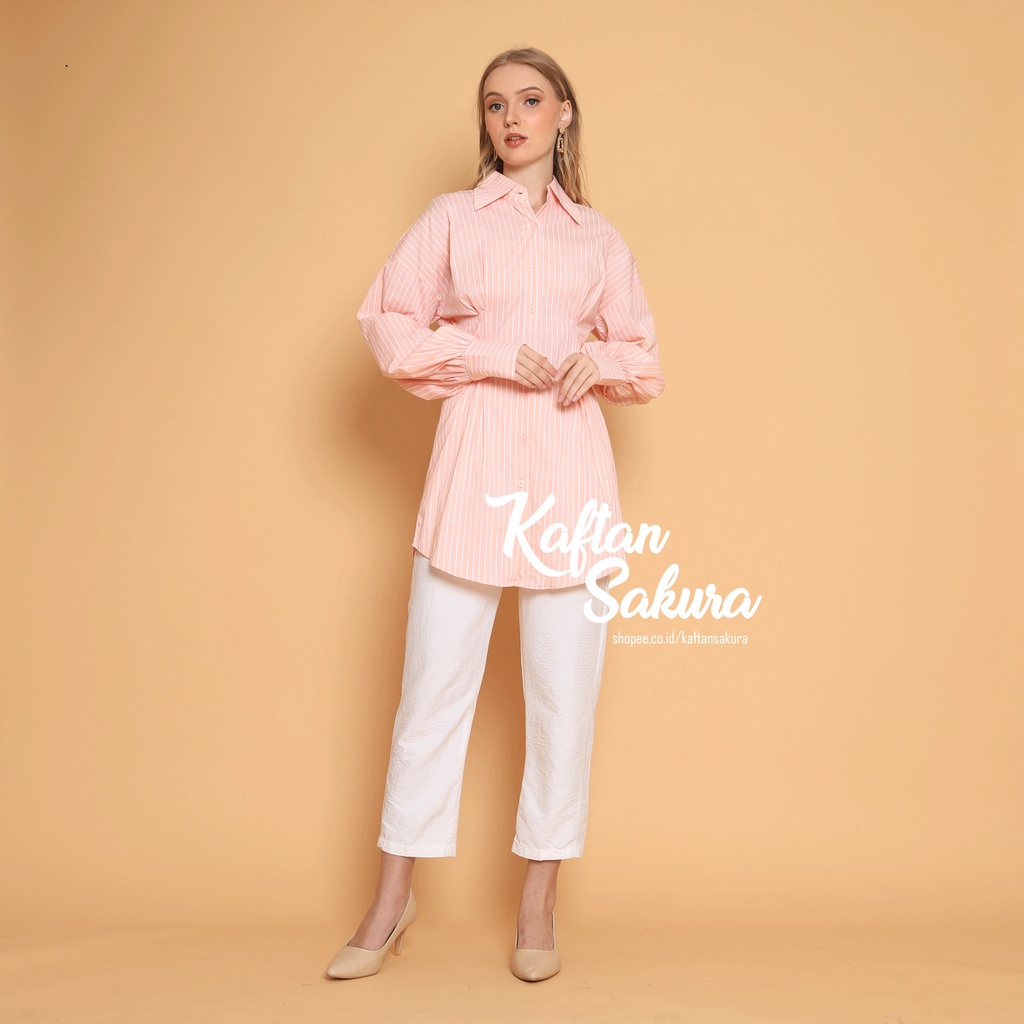 Blouse kemeja Shirt premium salur atasan top wanita Ukuran S M L kemeja kerja bahan katun