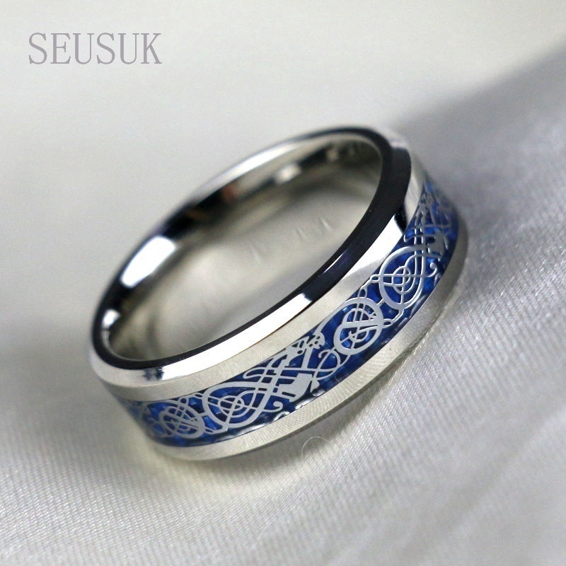 SEUSUK Couple Rings Blue Dragon Pattern Band Claddagh White Gold Filled Sapphire Wedding Ring