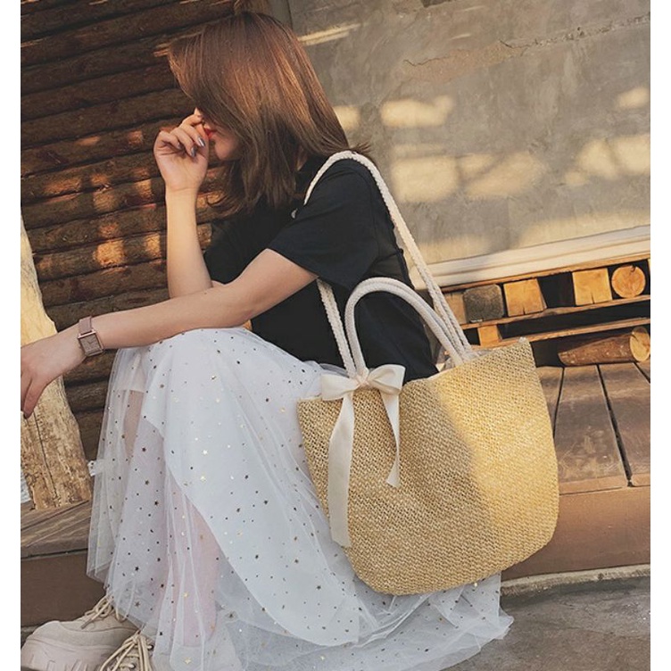 Tas Wanita Pita Serut Anyam TW205 Jerami Woman Straw Woven Bag Rattan Ribbon Boho Style