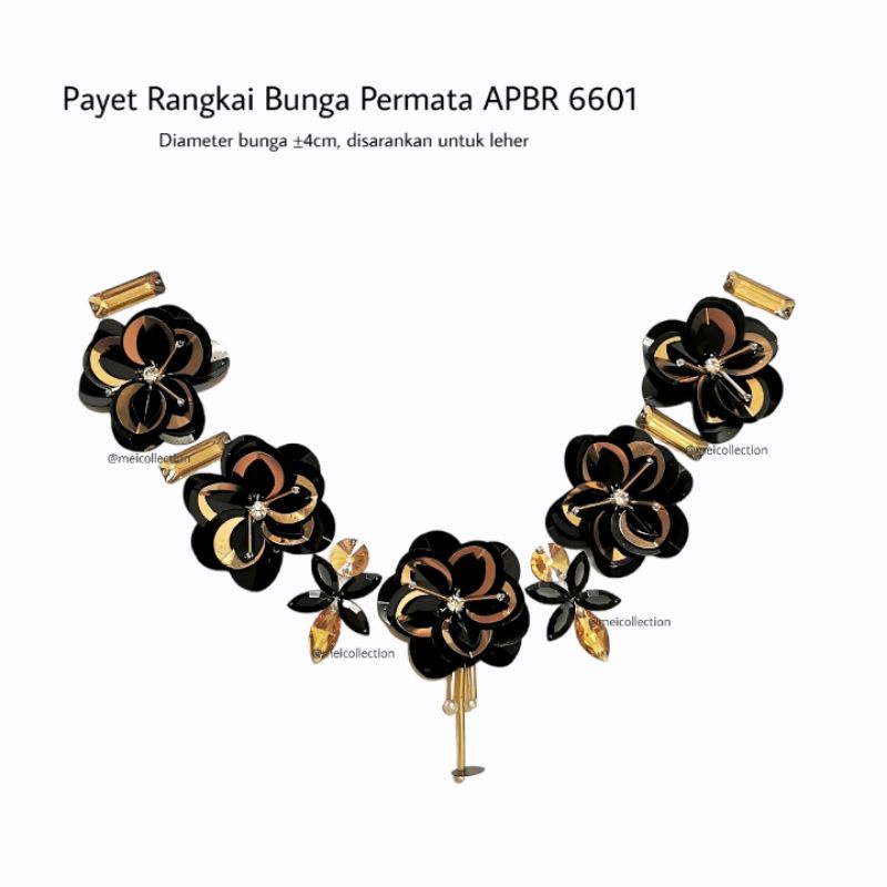 Payet rangkai leher bunga 3d permata hitam gold APBR 6601 kebaya gamis pesta
