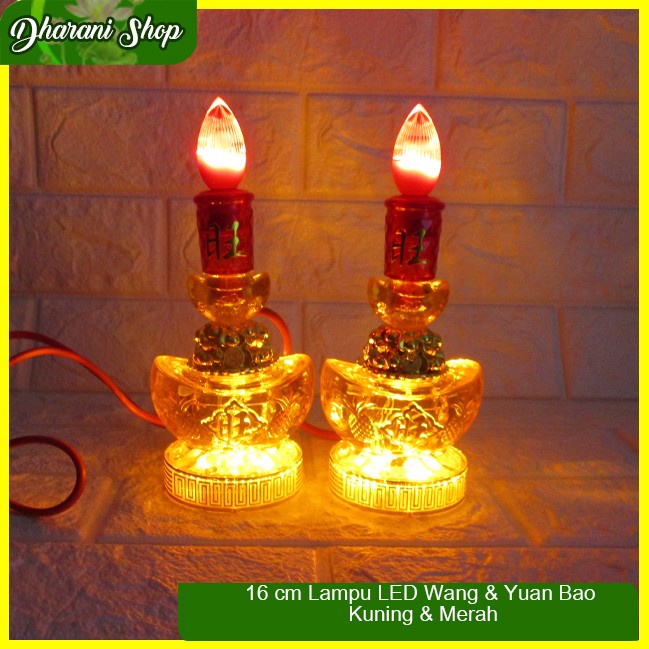 Lampu Sembahyang Altar Merah LED Wang &amp; Yuan Bao kuning 16 cm