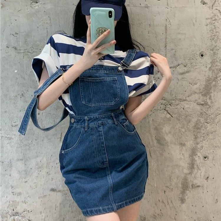 Denim suspender rok wanita musim panas pinggang chic desain Perancis kecil pinggang tinggi ramping r