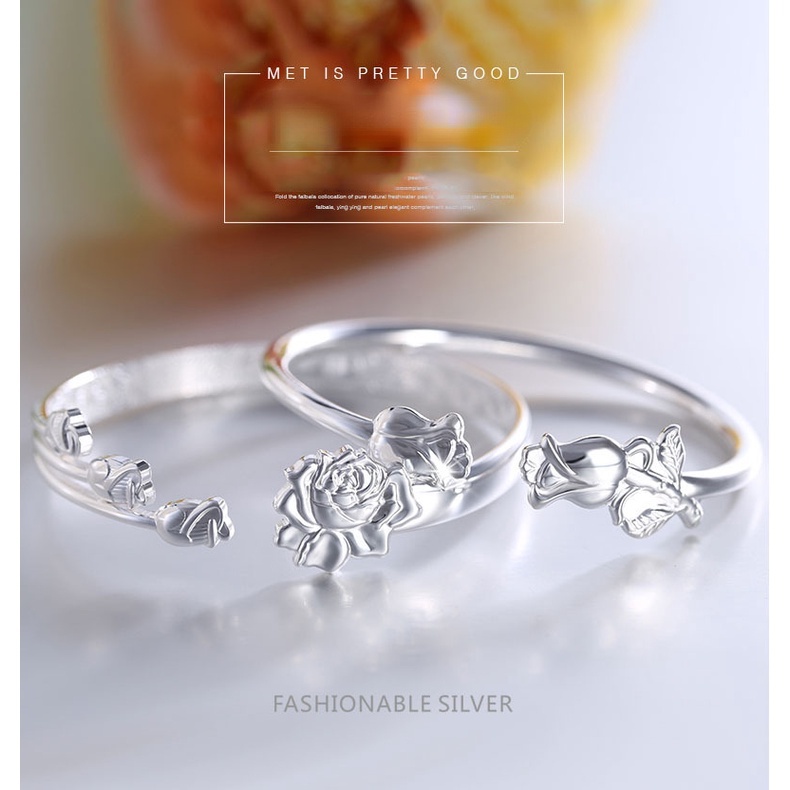 Gelang Model Terbuka Desain Bunga Mawar Bahan Stainless Steel Gaya Korea Untuk Wanita