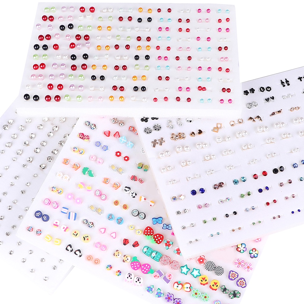 100pasang/lot Multi-Gaya Warna-Warni Buah Bunga Geometris Kristal Stud Anting Set Untuk Wanita Gadis Anting Plastik Perhiasan Hadiah