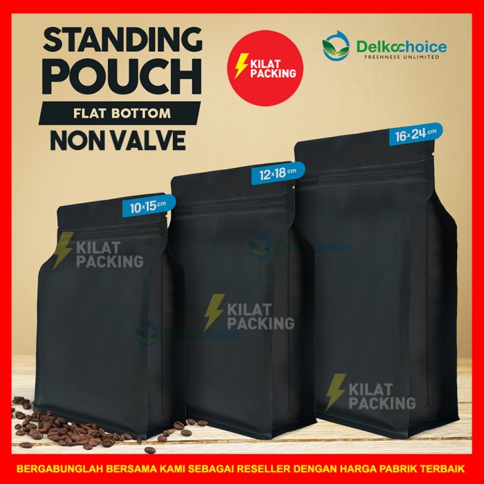 

NEW STANDING POUCH KEMASAN FLAT BOTTOM HITAM PREMIUM TERMURAH SATUAN - 10CM X 15CM