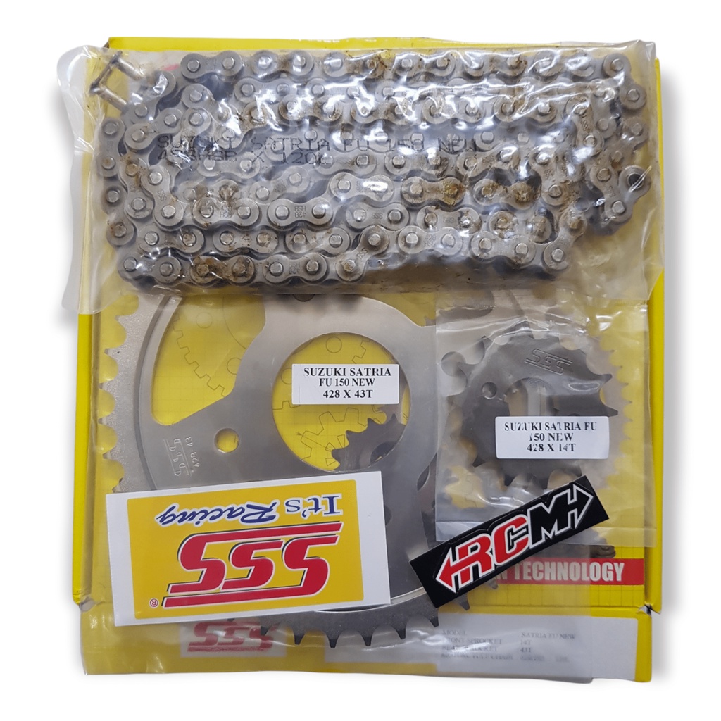 GEAR GER GIR SET KIT CHAINKIT CHAIN KIT SSS SATRIA FU NEW SATRIA150 NEW GSX150 GSX 150 DPN UK 428 X 14 BLKNG 428 X 43 RANTE RANTAI 428HX120L 428H X 120L ORI ORIGINAL SSS ASLI