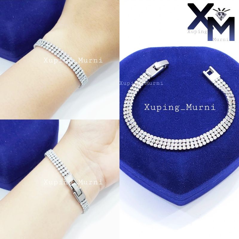 GELANG XUPING ASLI LAPIS EMAS PUTIH MODEL BERLIAN/DIAMOND 3 BARIS - PERHIASAN WANITA