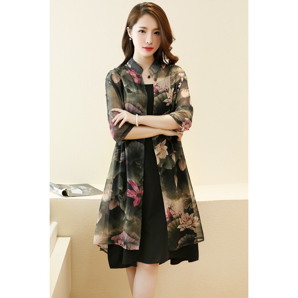 2Pcs / Set Dress Model A-Line Versi Korea Motif Bunga Ada Ukuran Besar untuk Wanita