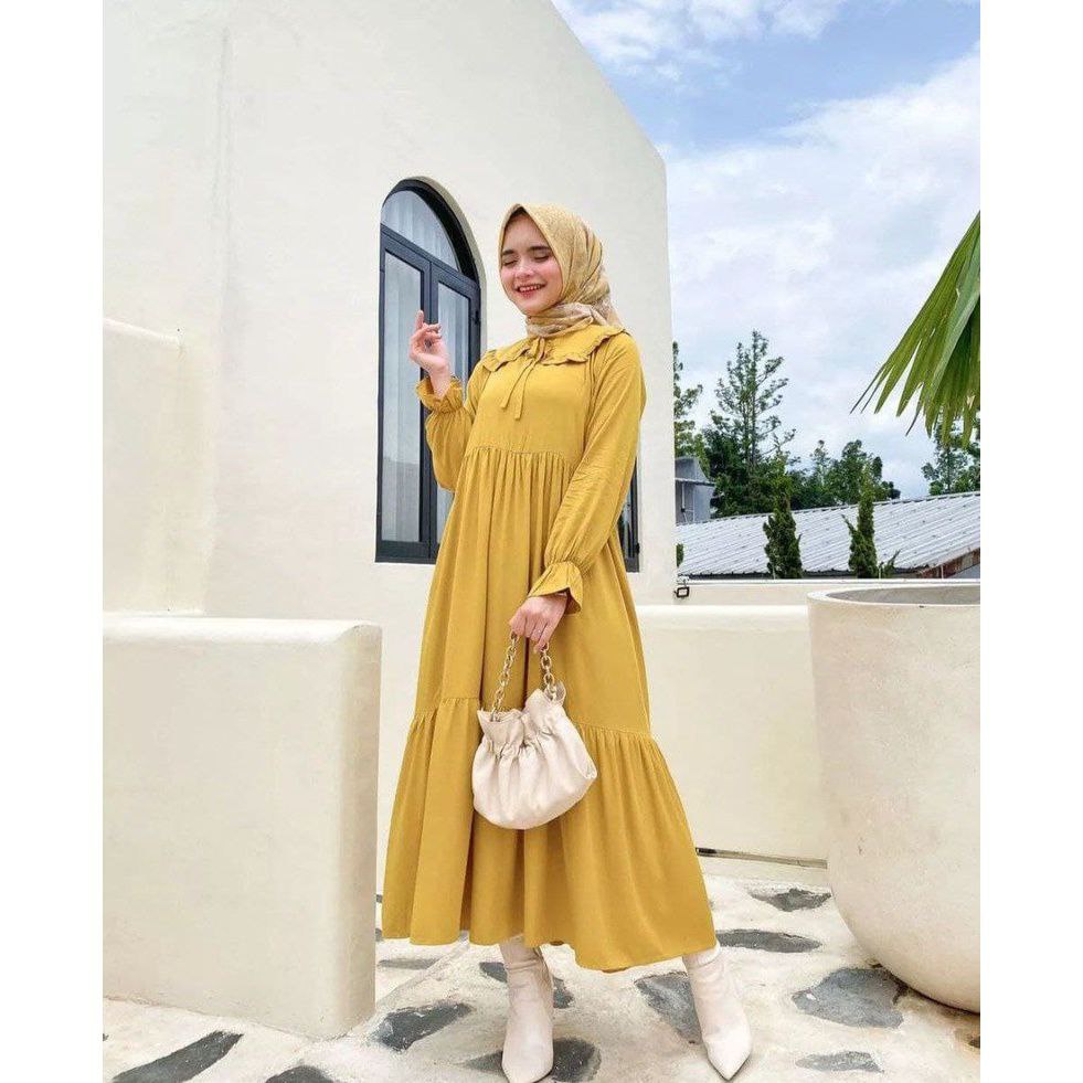 Nada Midi Dress Wanita Rayon Premium Baju Wanita Lengan Panjang Karet  Kerah Peterpan Tali Fashion Muslim Kekinian LD 110 cm