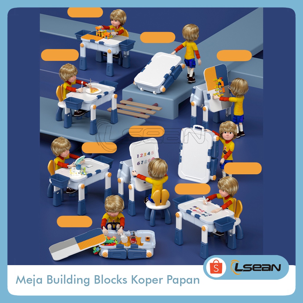 SET MEJA MAKAN BELAJAR BERMAIN ANAK BUILDING BLOCKS + WHITEBOARD