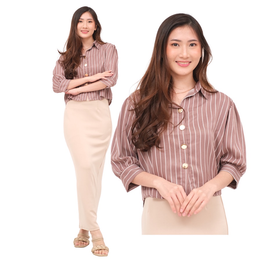 Nhm Baju Kemeja Atasan Wanita Crop Top Salur