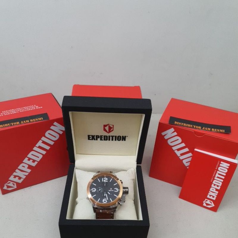 Jam Tangan Expedition E6339M E 6339 M E6339 M E6339M Grey Rose Gold Dial Black Brown Leather Cronogr