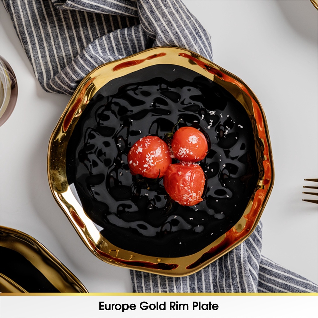 European Style Gold Piring Rim Matte Plate Makan Keramik Salad Fine Dining Cantik Ceramic Mewah