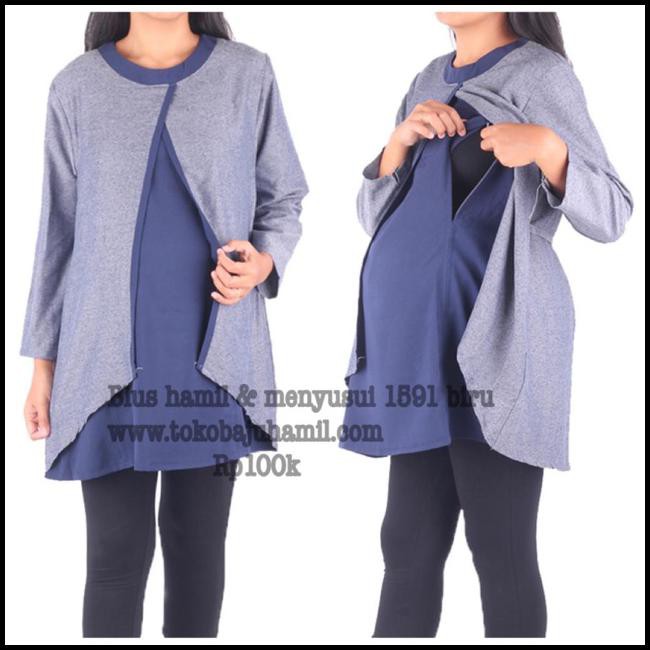  Baju  Hamil  1591 Biru Blus Hamil  Menyusui Panjang  Shopee 