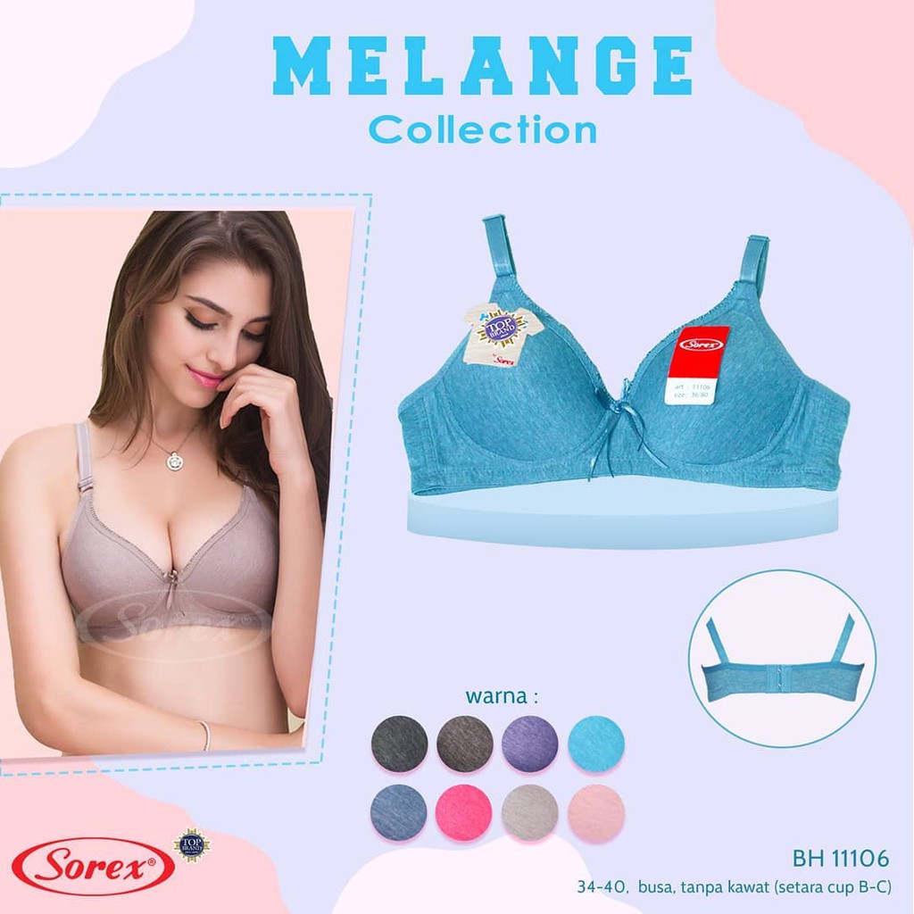 Sorex Bra 11106 Busa Sedang Tanpa Kawat Kait 2 Cup setara Cup B Melange Collection Basic Harian