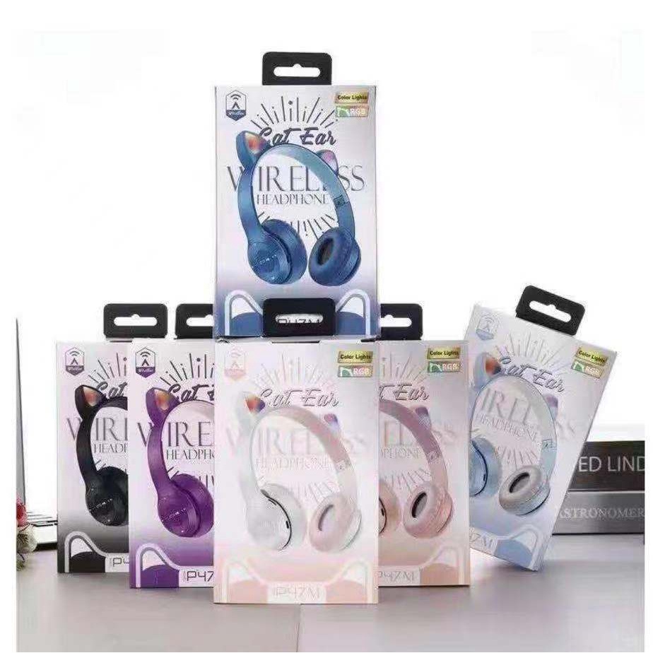 Headset Gaming Headphone Bluetooth Telinga Kucing LED Wireless Super Bass Gaming