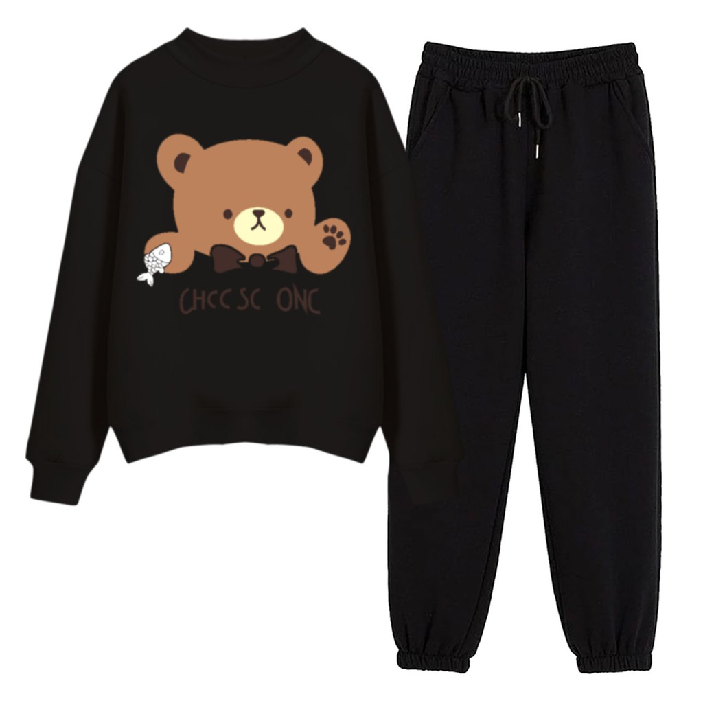 BESS - Baju Setelan Wanita Murah / Setelan Sweater + Jogger Hitam - BEAR ONE