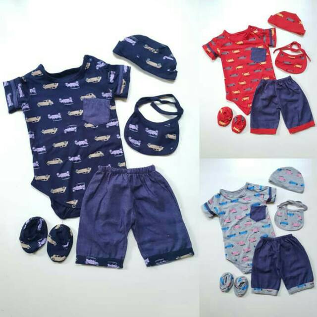 Baju Bayi Laki Laki Jumper set 5in1 Bip Sepatu Kupluk Celana Pendek