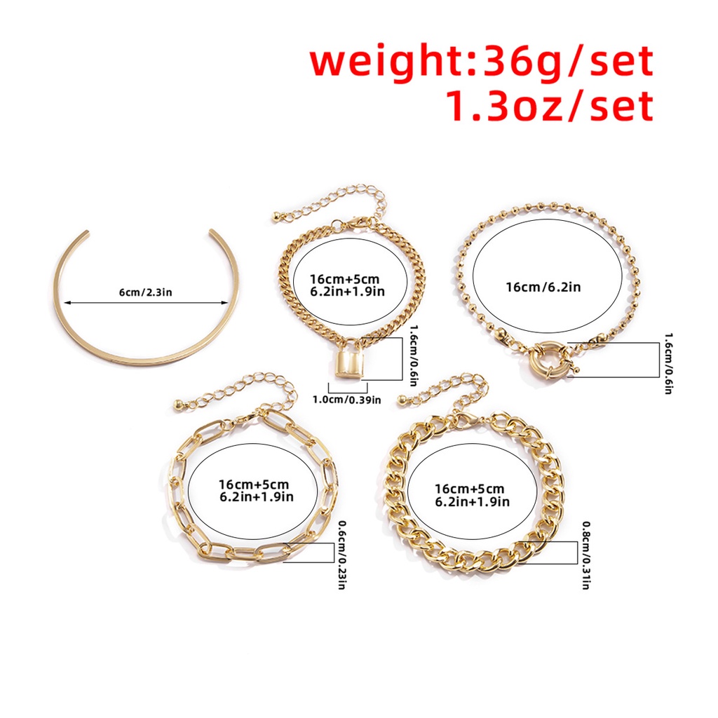 Eropa dan Amerika Fashion 5 * Pcs Gelang Emas dan Perak Ganda Warna Campuran Rantai Tulang Ular Wanita Hip-Hop Gaya Kunci Jalan Tepuk Tangan Ornamen