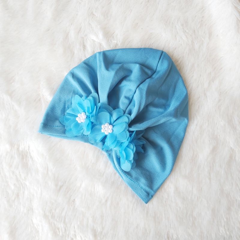 Turban Bayi 0-3th Bunga Besar - Bandana bayi - Kerudung Anak Bayi-Biru