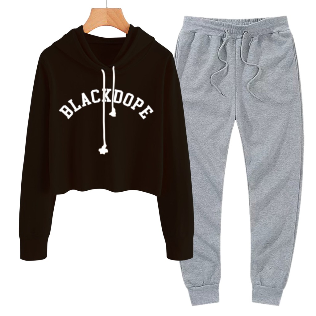 BESS - Baju Setelan Wanita Murah / Setelan Hoodie Crop + Jogger Abu - BLACKDOPE