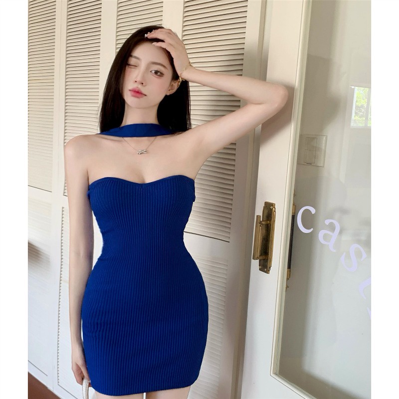 Mini Dress Biru Halterneck Rajutan Gaun Wanita Musim Panas Bahasa Perancis Gadis Panas Satu Kata Tas