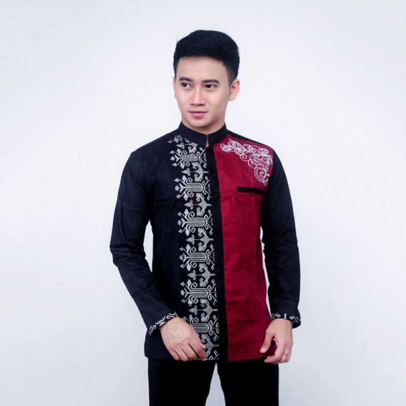 Baju Batik Pria Kombinasi Polos Lengan Panjang