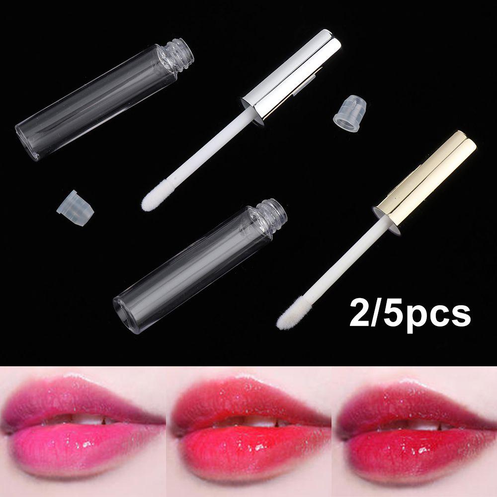 Preva 2/5Pcs Tabung Lip Gloss Dengan Kuas Portable Kosong Bening Ukuran Mini Botol Isi Ulang