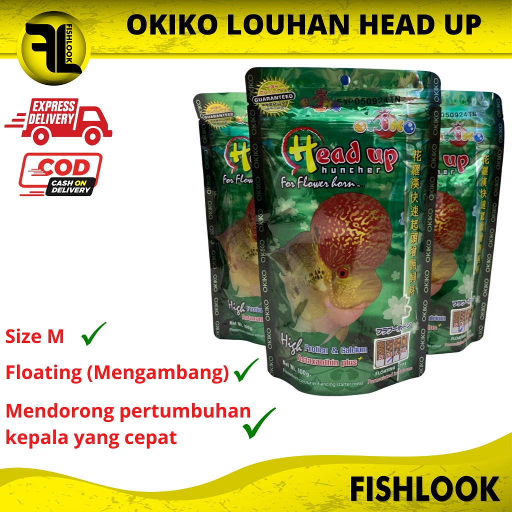 Okiko hijau Head Up Huncher makanan pakan ikan louhan 100gr