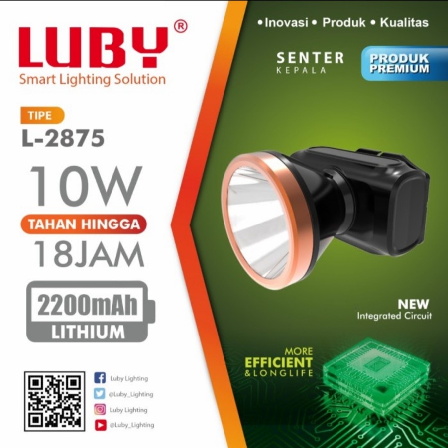 LUBY L 2875 SENTER KEPALA CAHAYA PUTIH DAN KUNING 10W 2200mAh Recharge