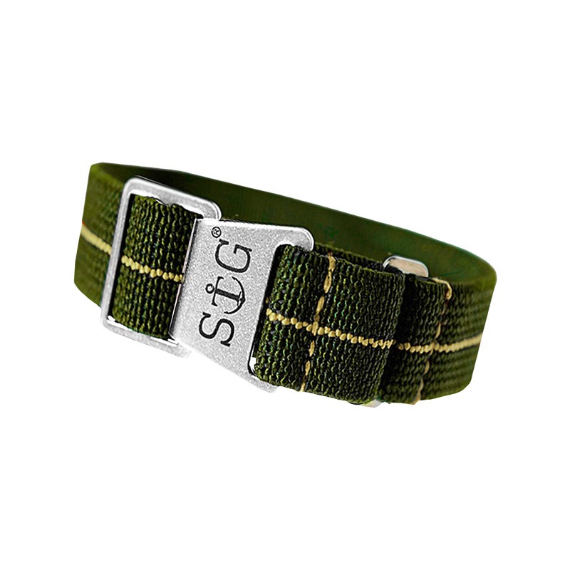 Tali / Strap Jam Tangan Strap Guy MN-OLG-SND-22A Green Nylon Yellow Stripe Silver Folding Clasp