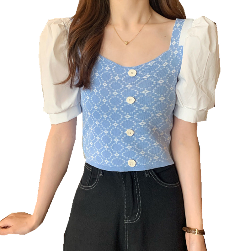 Blus Crop Top Rajut Slim Square Neck Lengan Puff Panjang Untuk Wanita