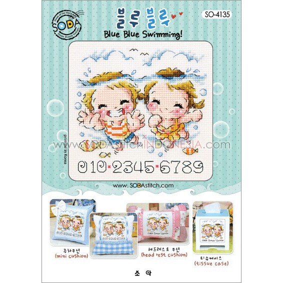 Paket DIY Craft Sulam Kristik Strimin Cross Stitch Sodastitch SO-4135 - Blue Blue Swimming Laut