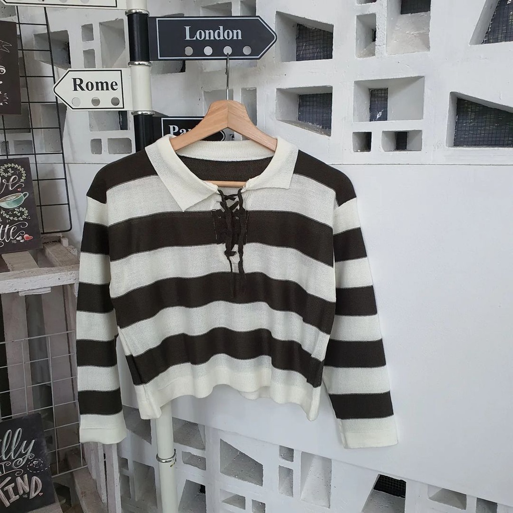 Atasan Wanita Sweater Crop Kerah Fuji Tali Bahan Rajut Korean Style Terbaru